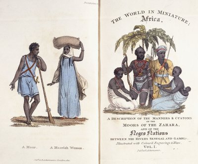 Frontispício ilustrado e página de título do Volume I de &39;O Mundo em Miniatura: África&39; de Frederic (after) Shoberl