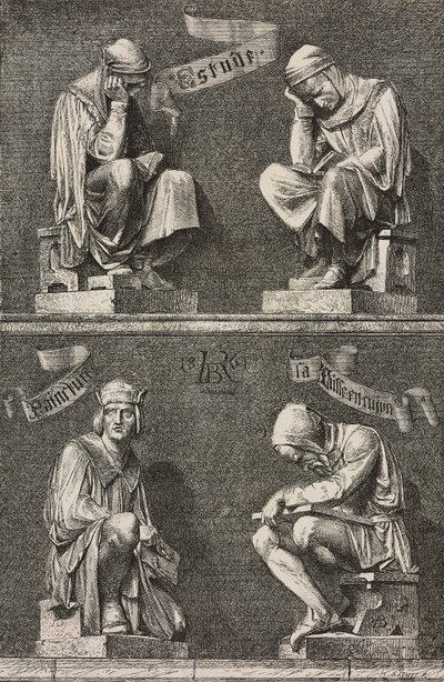 Alegoria de Estudo, figuras decorativas na base da estátua de Martin Schongauer criada por Auguste Bartholdi (1834-1904) para o convento de Unterlinden, Colmar, França de Frederic Auguste Bartholdi