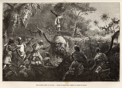 Abd es Samate, amigo e tenente de Mounza, rei dos Mombuttous, desafia os seus inimigos os Zandes (ou niam niam) que lhes declararam guerra, gravando após o desenho de Laguillermie, ilustrando uma viagem ao coração de África, em 1868-1871, por de Frederic Auguste Laguillermie