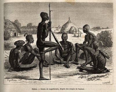 Dinkas da aldeia de Koudj (Senegal), cujo corpo coberto de cinzas, para os proteger dos insectos e parasitas é também uma característica estética e social, gravada depois do desenho de Laguillermie, ilustrando a viagem ao coração de África em 1868-1871 de Frederic Auguste Laguillermie
