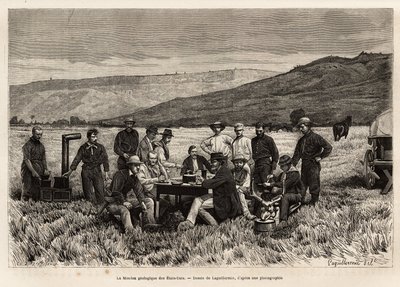 A missão geológica dos Estados Unidos é jovem na planície, gravada após o desenho de Laguillermie, ilustrando um conjunto de missões geográficas através do Parque Nacional dos Estados Unidos, de 1870 a 1872, pelos senhores Hayden, Doane e Langford, publica de Frederic Auguste Laguillermie