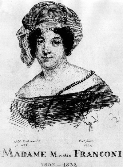 Circo: Eau forte de Frédéric Hillemacher, retrato da Sra. Minette Franconi (1805-1832) - em "The Franconi Circus". de Frederic Desire Hillemacher