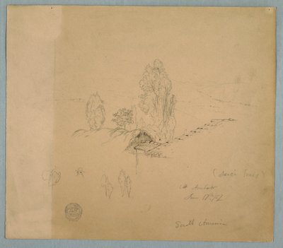 Desenho, Um telhado de colmo e um telhado de telha com copas de árvores numa paisagem montanhosa perto de Chimborazo, Ambato, Equador, 17 de junho de 1857 de Frederic Edwin Church