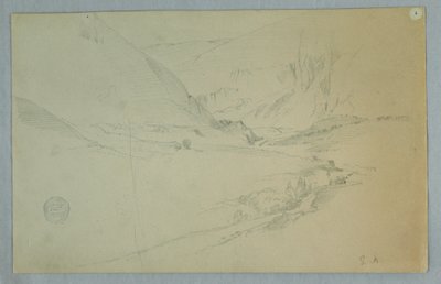 Desenho, Vale da montanha andina com riacho sinuoso, Colômbia ou Equador, 1857 de Frederic Edwin Church