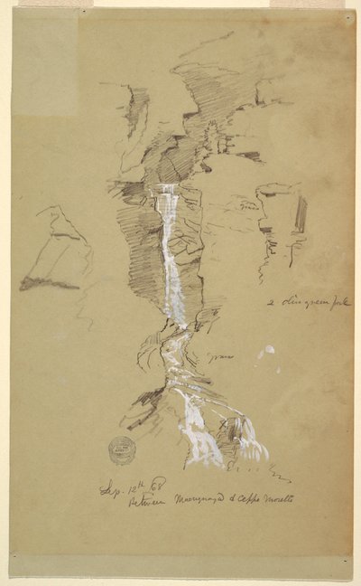 Desenho, cascata entre Ceppo Morelli e Macugnaga de Frederic Edwin Church