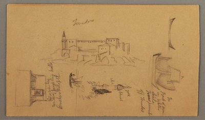 Desenho, Castelo, Minarete, Barcos à vela, Casa, maio de 1868 de Frederic Edwin Church