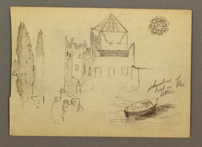 Desenho, Castelo na água, barco, árvores, possivelmente 1868 de Frederic Edwin Church
