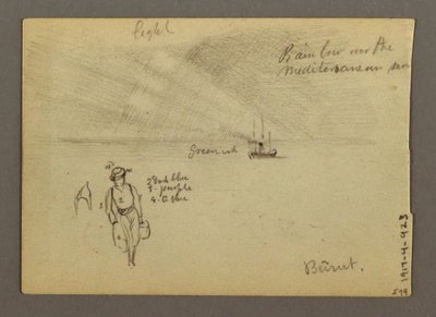 Desenho, Castelo na água, barco, árvores, possivelmente 1868 de Frederic Edwin Church