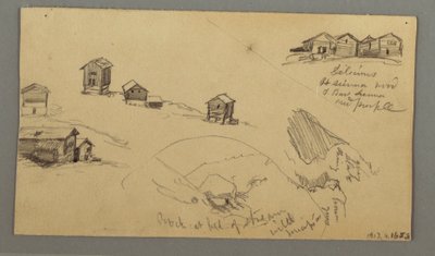 Desenho, Pormenores de abrigos de montanha, casas e uma rocha, Alpes Berneses, Suíça, 3 de setembro de 1868 de Frederic Edwin Church