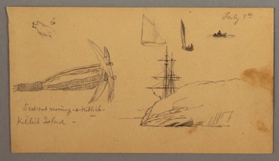 Desenho, Cão, estudos de barco à vela, âncora, falésias, possivelmente 8 de julho de 1859 de Frederic Edwin Church