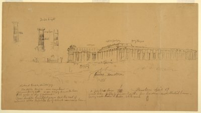 Desenho, templos gregos dóricos de Atena (anteriormente Ceres), Hera II (anteriormente Neptuno) e Hera I (anteriormente Basílica), Paestum, Salerno, Itália, abril de 1869 de Frederic Edwin Church