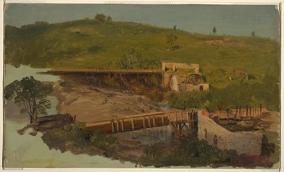 Desenho, Colina com viadutos e moinhos em ruínas, perto de Catskill, Nova Iorque, ca. 1865 de Frederic Edwin Church