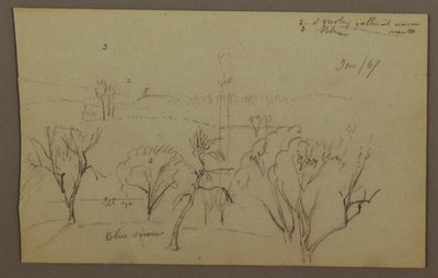 Desenho, Colinas, Árvores, Sol Poente, 1867 de Frederic Edwin Church