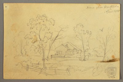 Desenho, Casa no bosque junto a um riacho, abril de 1845 de Frederic Edwin Church