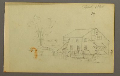 Desenho, Edifício pombalino com cais junto a um riacho, 1845 de Frederic Edwin Church
