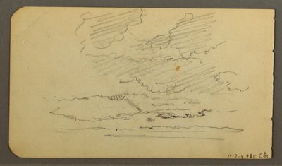 Desenho, Homem num barco, rochedos, tronco de árvore, árvores, 1878 de Frederic Edwin Church