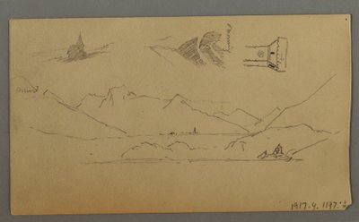 Desenho, Castelo Medieval, Duas Torres, Estudos de Figuras, perto de Thun, possivelmente 1868 de Frederic Edwin Church