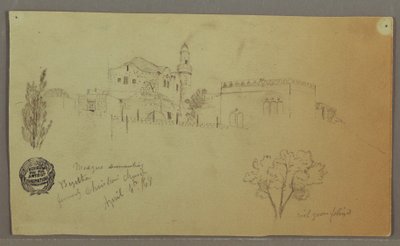 Desenho, Mesquita e edifícios adjacentes, árvores, 4 de abril de 1868 de Frederic Edwin Church