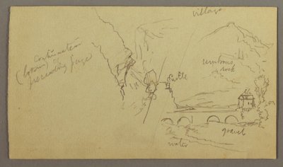 Desenho, Vale da Montanha, Ponte, Edifícios, possivelmente 1868-69 de Frederic Edwin Church