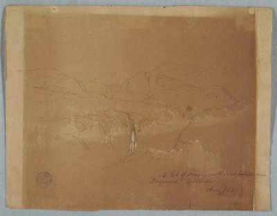 Desenho, Paisagem montanhosa com uma cascata, perto de Tuquerres, Colômbia, agosto de 1853 de Frederic Edwin Church