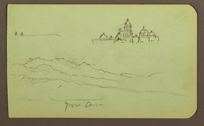 Desenho, Montanhas, Igreja; Verso: Figuras, Igreja, 1883 de Frederic Edwin Church