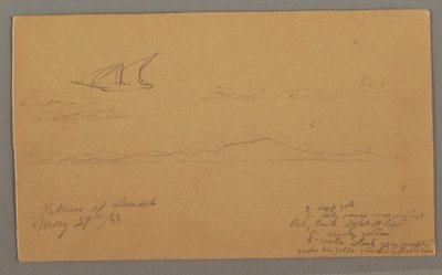 Desenho, Navio à vela, Costa montanhosa, Ilhas, 29 de maio de 1868 de Frederic Edwin Church