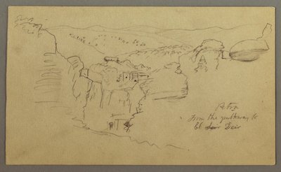 Desenho, esboço. Vista de Khirbet en Wasara "Petra / from the parthway to / El Deir", possivelmente 1868, fevereiro 26 de Frederic Edwin Church