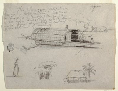 Desenho, Esboços da Colômbia - River Craft (Champan), uma Mulher, Grupo de Árvores, uma Casa de Frederic Edwin Church