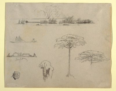 Desenho, Esboços da Colômbia: Paisagem fluvial, homens em jangadas e árvores, 1853 de Frederic Edwin Church