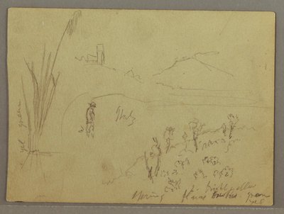 Desenho, Esboços de Itália: Edifício com uma torre, montanha e homem, 29 de abril de 1869 de Frederic Edwin Church