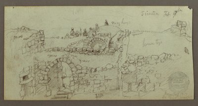 Desenho, edifício de pedra, homens reunidos no telhado, 17 de fevereiro, possivelmente 1868 de Frederic Edwin Church