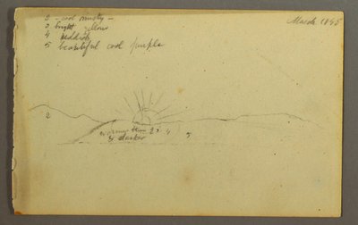Desenho, Sol a pôr-se atrás de colinas baixas, 1845 de Frederic Edwin Church