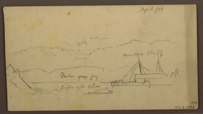 Desenho, Pôr do sol sobre a margem com navio, 1858 de Frederic Edwin Church