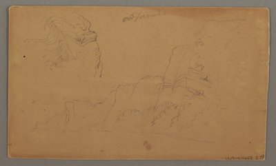 Desenho, Casa de madeira, Dois veleiros, Estudos do telhado, possivelmente 1868 de Frederic Edwin Church