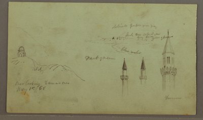 Desenho, Túmulo de uma colina, três minaretes, 1 de maio de 1868 de Frederic Edwin Church