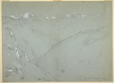 Desenho, Paisagem de vale com picos cobertos de neve, Alpes Berneses, Suíça, Parte 1, 1 de setembro de 1868 de Frederic Edwin Church