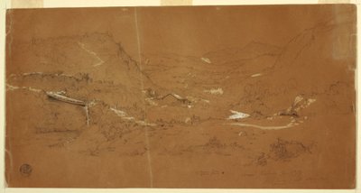 Desenho, Vale com uma ponte e casas, perto de Guaranda, Equador, 5 de junho de 1857 de Frederic Edwin Church
