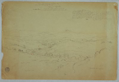 Desenho, Vista perto de Popayan incluindo o vulcão Monte Purese, Rio Cauca, Colômbia, 8 de agosto de 1853 de Frederic Edwin Church