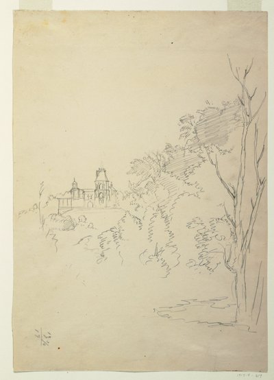 Desenho, Vista de Olana, a casa do artista, Hudson, Nova Iorque, ca. 1872 de Frederic Edwin Church