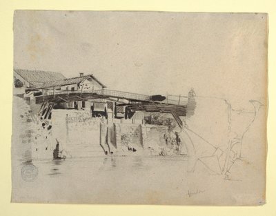 Desenho, Vista da ponte e casas em Honda, Colômbia, 1853 de Frederic Edwin Church