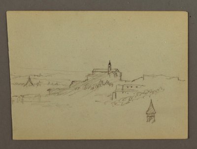 Desenho, Aldeia no cimo da colina, possivelmente 1868-69 de Frederic Edwin Church