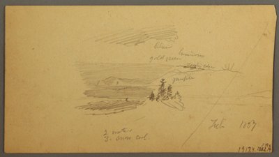 Desenho, topo de uma colina arborizada, vale montanhoso, sol, janeiro de 1866 de Frederic Edwin Church