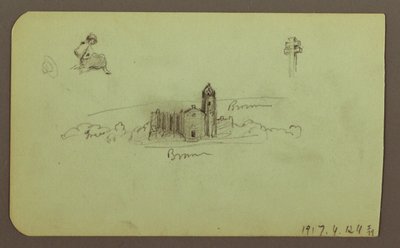 Desenho, colinas, igreja, ponte; Verso: figura, cruz, igreja, 1883 de Frederic Edwin Church