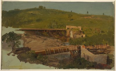 Colina com viadutos e moinhos em ruínas, perto de Catskill, Nova York de Frederic Edwin Church