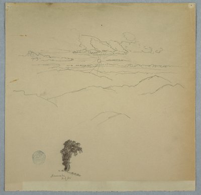 Paisagem montanhosa com um sol poente e uma árvore, Jamaica, julho de 1865 de Frederic Edwin Church