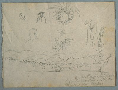 Margem do rio com montanhas e nuvens, três esboços botânicos e estudos de bustos de homens com chapéus de Frederic Edwin Church