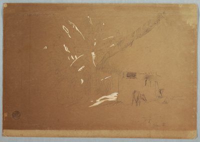 Mulher sentada e burro pastando antes de uma casa perto de Jorje, Equador de Frederic Edwin Church