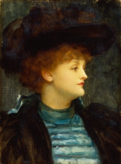 Retrato de Mulher em Vestido Turquesa com Casaco Preto e Chapéu (óleo sobre tela) de Frederic Leighton