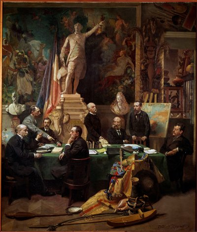 Os Delegados das Colónias em Novembro de 1892 Da esquerda para a direita: Chesse (Taiti), Mager (Diego Suares), Dussac (Nossy-Be), de Faymoreau (Mayotte), Jules Ferry (Annam e Tonkin), Soller (French Guinee), Cudenet (Nova Caledónia). pintura de Frederic R de Frederic Regamey