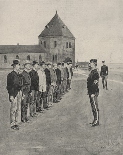 Uma primeira lição na arte da guerra. Recrutas para os dois regimentos de artilharia adicionais em Fort Slocum, Ilha Davids, Long Island Sound de Frederic Remington